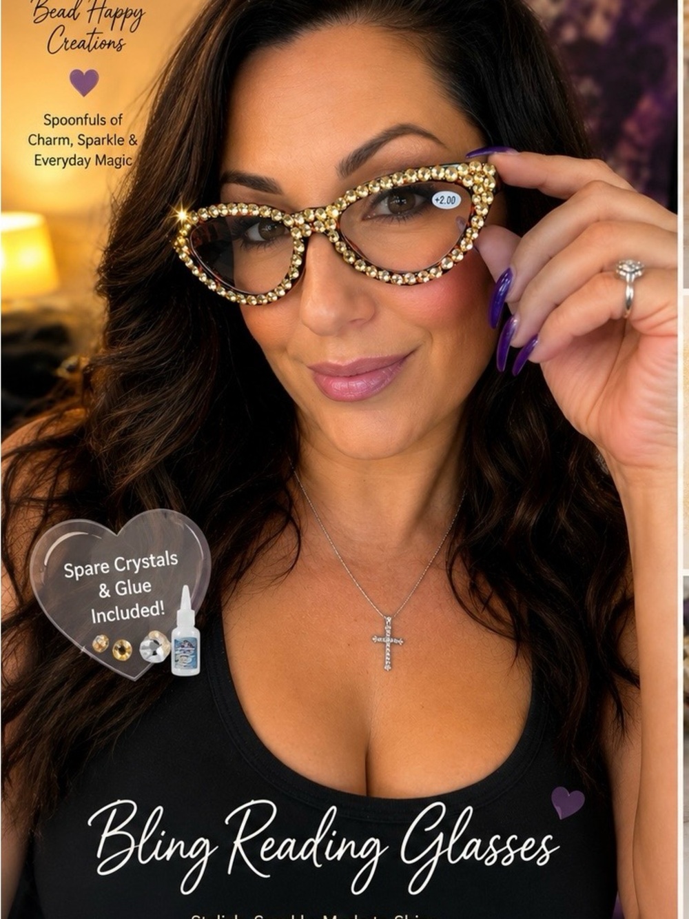 Gold Crystal Cat-Eye Reading Glasses - Sparkle Accent +2.00 strength
